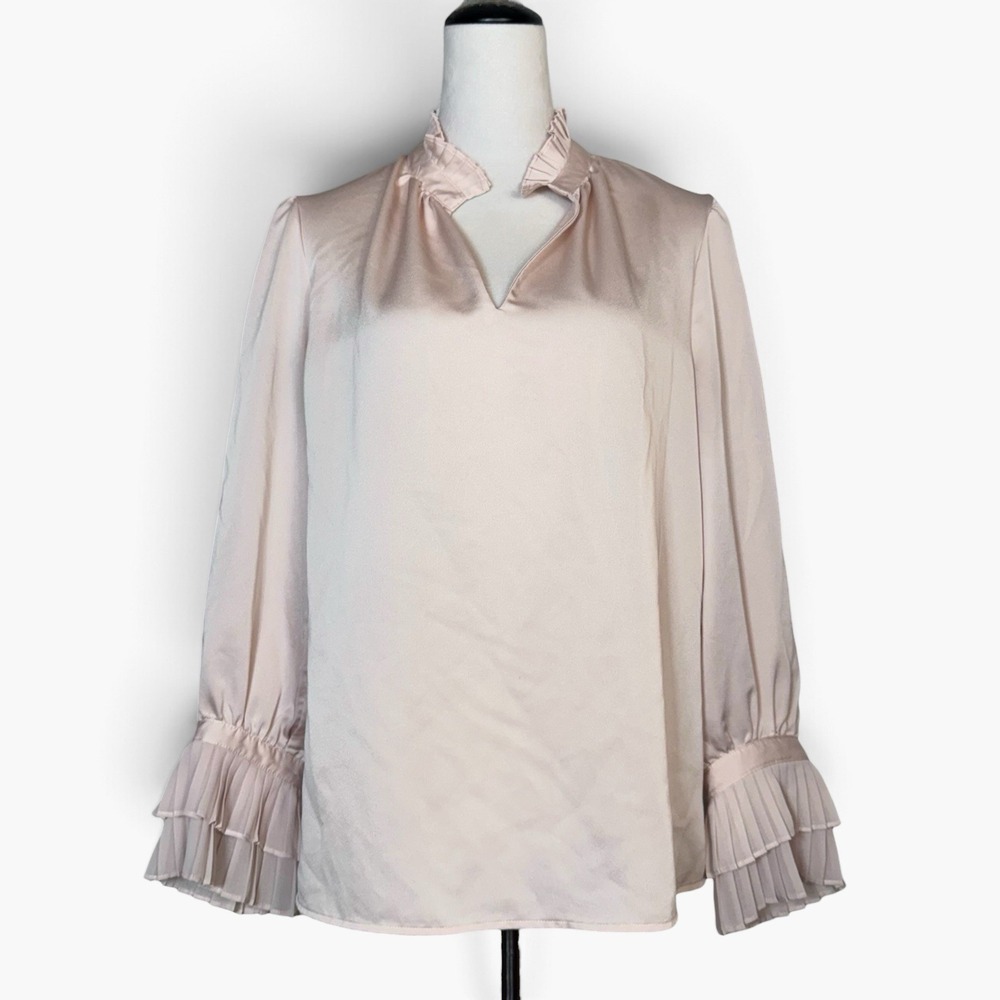 Jason Wu Blush Pink Satin Pleated Ruffle Neck Blouse Sz L Quiet Luxury Edwardian